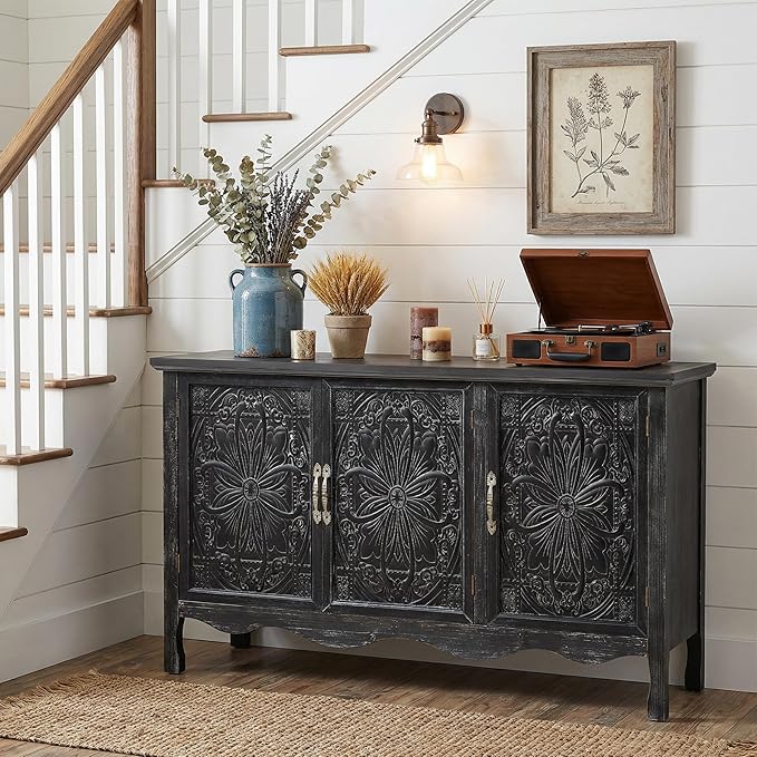 RoyalCraft Buffet Cabinet with Storage, Vintage Solid Wood Sideboard with 3 Carved Doors, Painted Coffee Bar Console Table for Dining Room, Living Room, Kitchen, Distressed Black