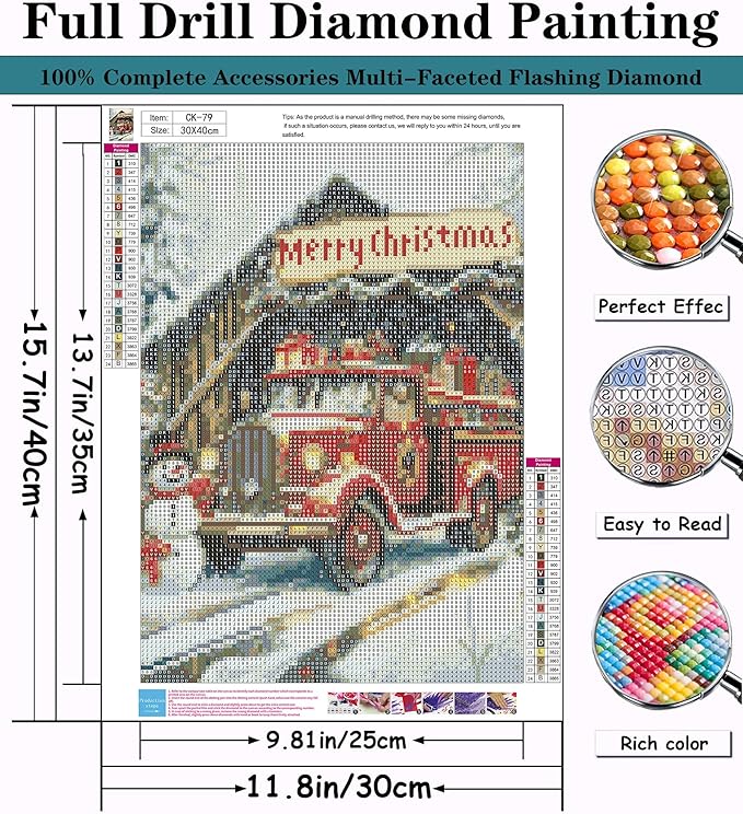 CZYWJMEI Christmas Truck 5D Diamond Painting Kits for Adults Beginners,DIY Winter House Diamond Art Kits,Full Round Drill Diamond Dot Gem Art Kits,Home Wall Decor 12x16nch