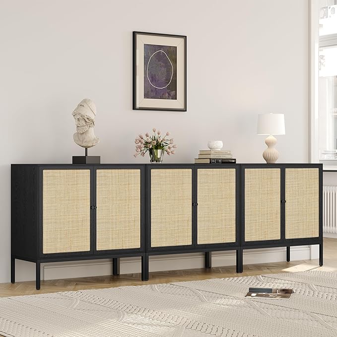 Yechen Set of 2 63" Sideboard Cabinet with Natural Rattan Doors, Buffet Console & Accent Cabinet, Rattan Credenza Storage with Metal Legs for Living Room, Kitchen, Dining Room/Black+Nautural