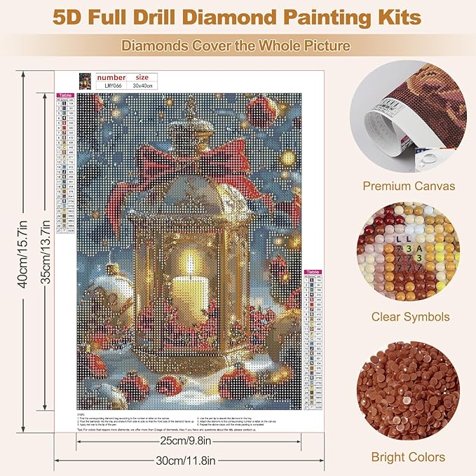 MEIYUDA Christmas Diamond Painting Kits for Adults, 5D Christmas Candles Diamond Art Kits for Adult Beginners, Vintage DIY Full Diamond Art Painting Kit for Home Wall Decor Gift 12x16inch