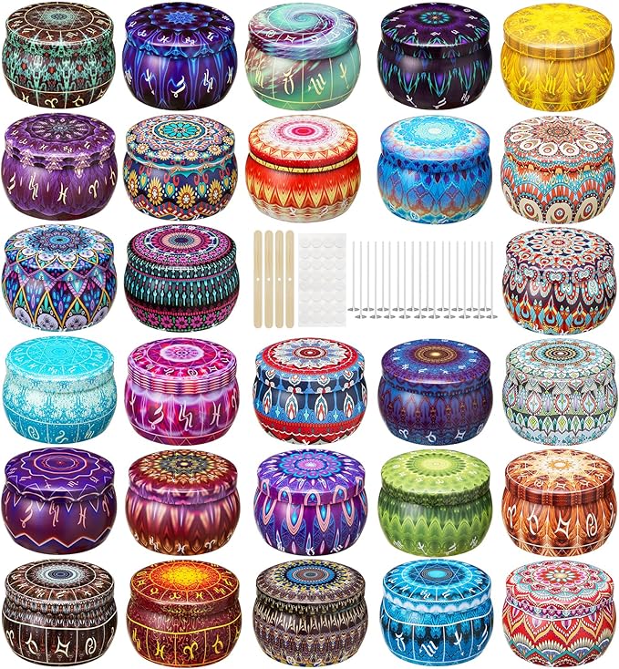Arxinor Empty 5 oz Candle Tins Candle Jars 28 Pcs 28 Patterns, Candle Making Kits, with Wicks, Wick Holders & Stickers