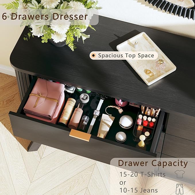 HUAHUU Fluted 6 Drawers Dresser for Bedroom, 55" Mid Century Modern & Chests of Drawers, Curved Profile Design, TV Stand, Wood Storage Dresser for Entryway, Hallway, Black