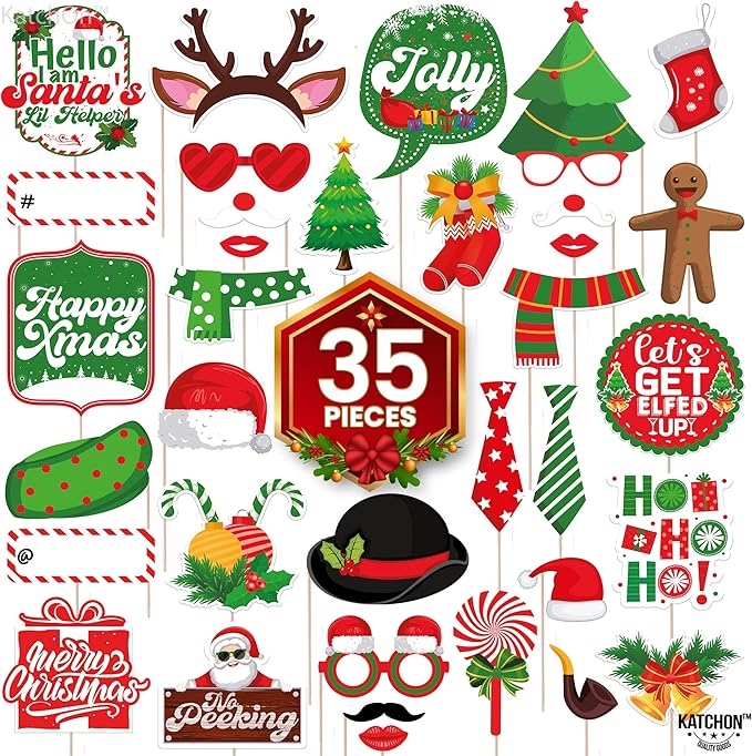KatchOn, 35 Pcs Huge Christmas Photo Booth Props Kit, DIY | Christmas Decorations Indoor | Holiday Photo Booth Props for Photoshoot Selfie Xmas Decorations | Navidad Decoración