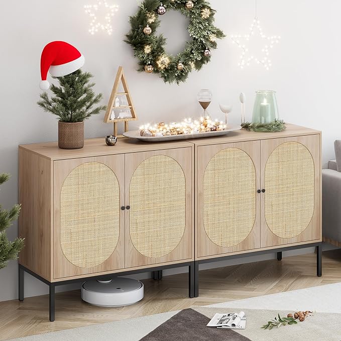 Sideboard Buffet Cabinet with 2 Natural Rattan Decorated Oval Doors, 31.5" W Accent Rattan Cabinet, Boho Credenza Storage Cabinet, for Living Room Dining Room Hallway, Metal Legs, Natural(2 PCS)