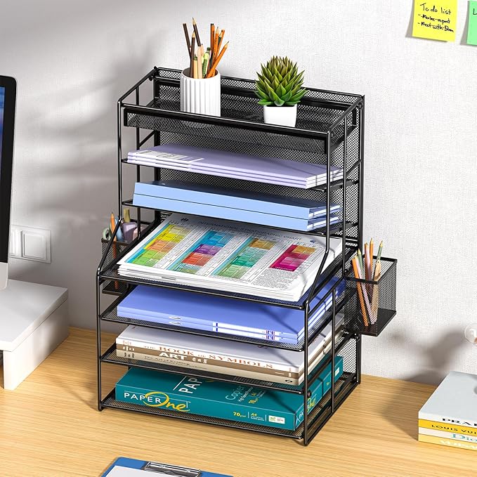 7 Tier Desk File Organizer – Vertical File Organizer for Desk with Removable Pen Holder & Adjustable Pull-out Drawer – Metal Document Organizer for Office, Simple Trending Design – Black