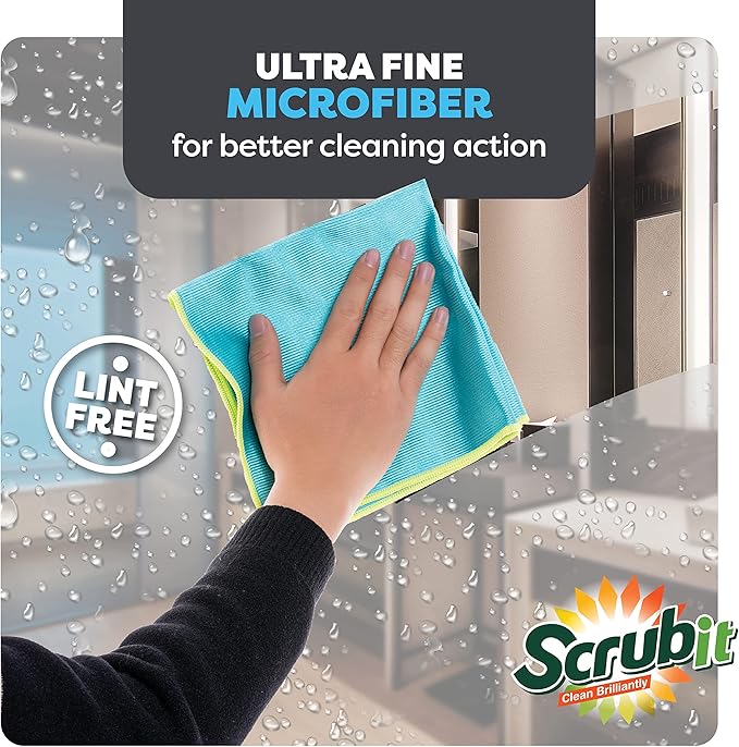 SCRUBIT Microfiber Cloths for Glass [8 Pack] – Lint Free Window Cleaning Cloth for Mirrors, Eyeglasses, Windows, Shower Glass Doors – Reusable and Washable Polishing Towels - 16” x 16”