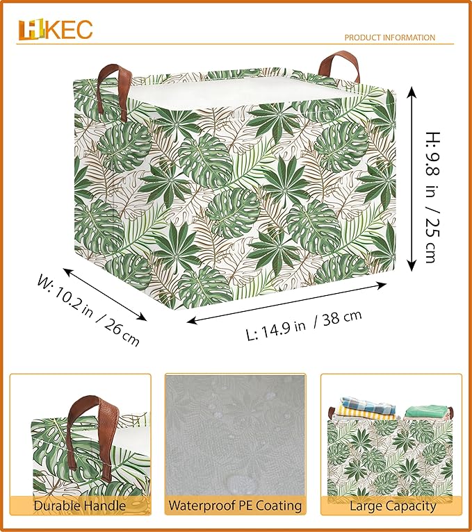Rectangle Storage Basket with Handles,Collapsible Storage Bin,Books Box,Gift Basket(Golden Monstera)
