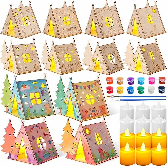 DoubleFill 12 Sets Camping Crafts Paint Camping Wood Tent with Flameless LED Candles and Acrylic Paint Kits for Crafts DIY Picture Frame Gifts Bulk Kids Summer Camp Party Favor for Home Vbs Sunday
