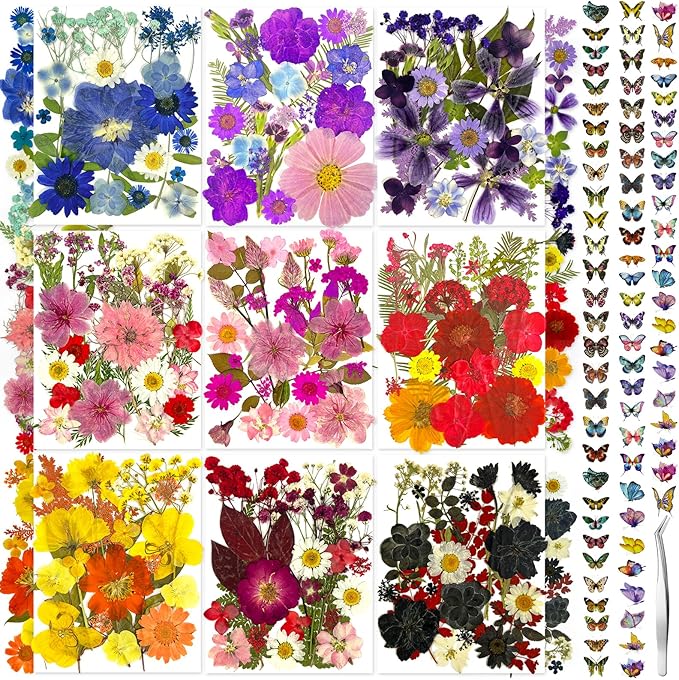 303Pcs Dried Pressed Flowers for Crafts, Dried Pressed Flowers for Resin, Natural Dried Flowers Kit with 80pcs Butterfly Stickers for DIY Resin Molds, Candles, Photo Frames, Jewelry Making, Art Crafts