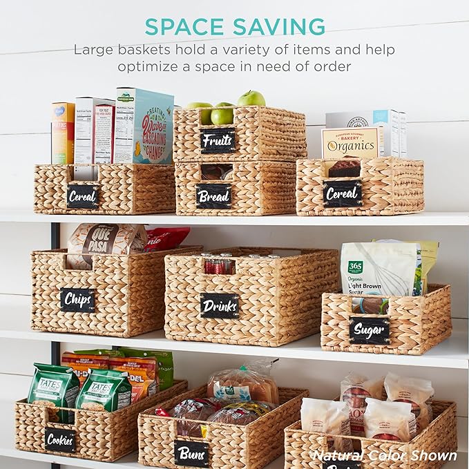 Best Choice Products Pantry Baskets Set of 2 16x12in Water Hyacinth Storage Baskets, Woven Wicker Kitchen Organizers with handles w/Chalkboard Label Chalk Marker - White