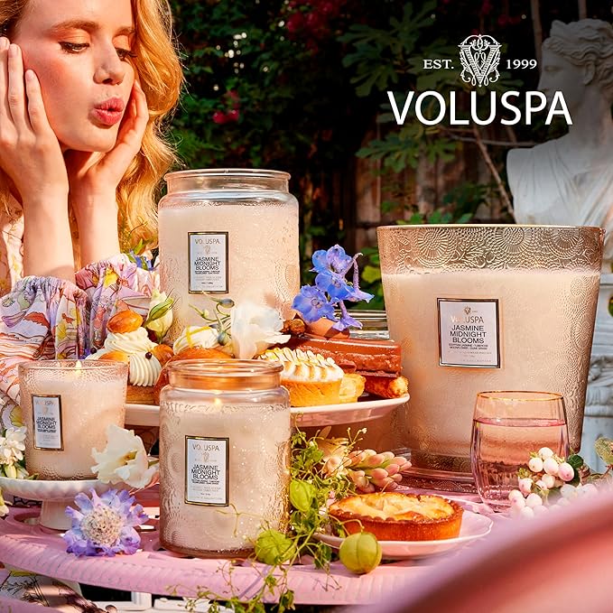 Voluspa Jasmine Midnight Blooms Candle, Large Glass Jar Candle, 18oz, Coconut Wax Blend, Scented Candles for Home, 100 Hour Burn Time, Handcrafted in The USA