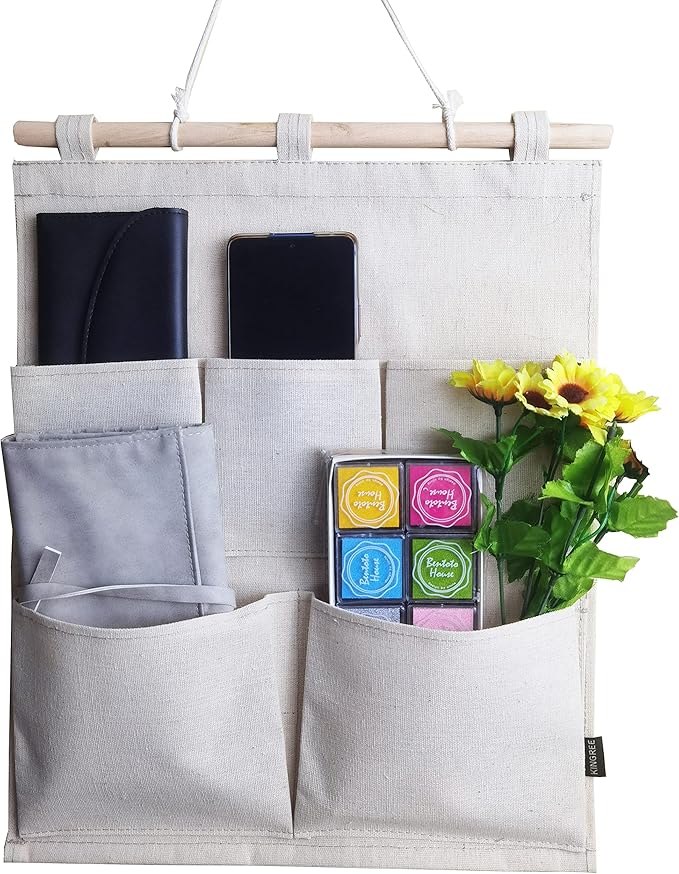 KINGREE Over The Door Magazine Storage Pockets, Wall Door Closet Hanging Storage Bag Organizer, (5 Pockets-Nature)