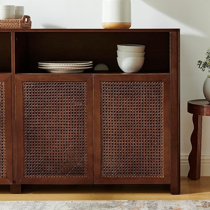 Amposei 63’’ Rattan Sideboard Cabinet, Boho Mid Century Modern Credenza Buffet Table & TV Console with Adjustable Shelves and Open Storage for Living Room, Hallway, Entryway, Kitchen & Dining, Walnut