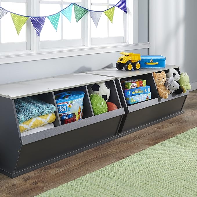 Badger Basket 3-Bin Stackable Toy Storage Organizer and Cubby for Kids – Durable Plastic Bins, Easy Access Storage for Toys, Books, and Kids’ Room – Charcoal Gray