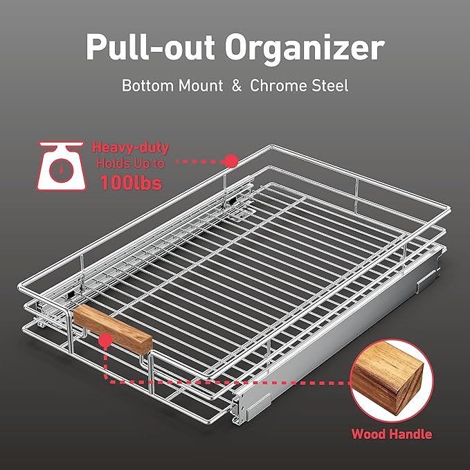 Mount Walker Pull Out Cabinet Organizer(14" W x 21" D), Heavy Duty Slide Out Pantry Shelves, Storage Shelf Drawer Basket for 15-1/4” Cabinet Opening, Pull Shelf Storage for Pots, Chrome