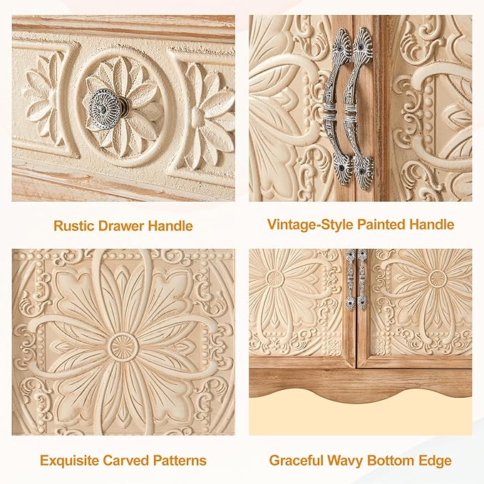 RoyalCraft Vintage Sideboard Buffet, Accent Cabinet with 2 Carved Doors and 2 Drawers, French Country Cabinets for Dining Room, Kitchen, Living Room, Hallway (Natural2, 16''D x 30''W x 30''H)