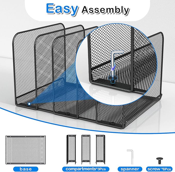 TOPCJ 5 Sections Desk File Holder/Rack/Sorter,Mesh File Organizer,File Folder Organizer,Metal Upright Desktop Organization for Documents,Magazine,Kitchenware,Antiskid,Antirust,Sturdy,2 Packs