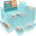 StorMiracle 33 PCS Clear Plastic Drawer Organizers Set, 4 Size Desk Drawer Organizer Trays for Makeup, Jewelry, Kitchen Utensils, Gadgets and Office Accessories, Sea Blue