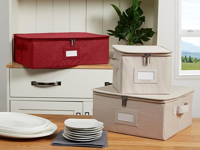 Covermates Dish Storage Box – China & Dinner Plate Storage Container with Dual Zippers, Reinforced Handles, ID Window & Stackable Structured Walls for Dishware Organization, Red Heather