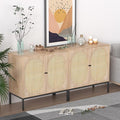 Sideboard Buffet Cabinet with 2 Natural Rattan Decorated Oval Doors, 31.5" W Accent Rattan Cabinet, Boho Credenza Storage Cabinet, for Living Room Dining Room Hallway, Metal Legs, Natural(2 PCS)