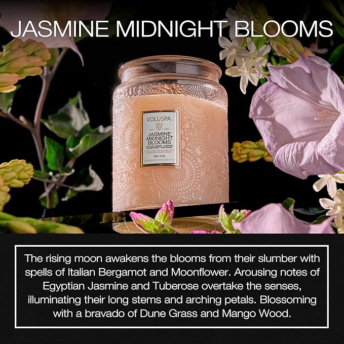 Voluspa Jasmine Midnight Blooms Candle, Large Glass Jar Candle, 18oz, Coconut Wax Blend, Scented Candles for Home, 100 Hour Burn Time, Handcrafted in The USA