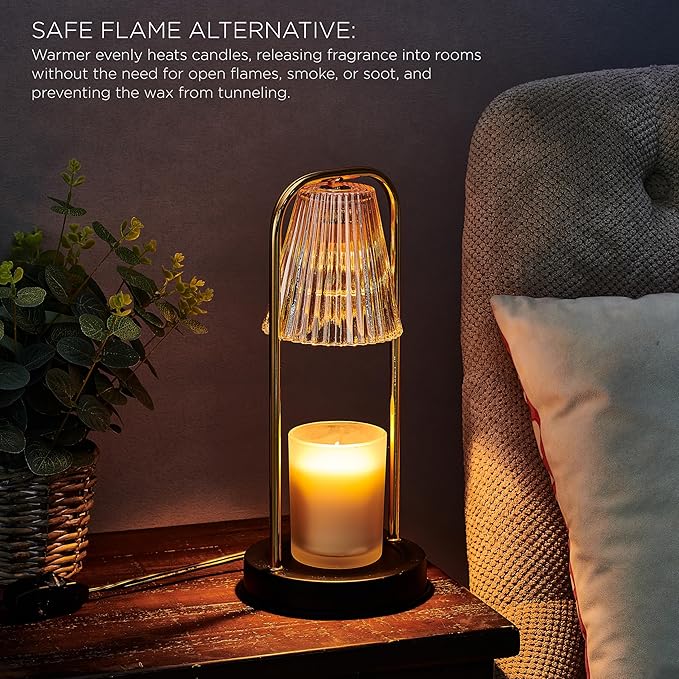 Mikasa 13.8 Inch Electric Candle Warmer Lamp with Amber Glass Shade and Wooden Base - Flameless Candle Melter with Dimmer Control for Home Decor and Fragrance, 50W Halogen Bulb Included
