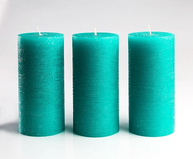Set of 3 Pillar Candles 3" x 6" Unscented Handpoured Weddings, Home Decoration, Restaurants, Spa, Church Smokeless Cotton Wick - Turquoise