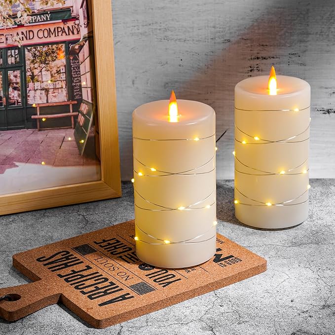 HaitanghuaRechargeable Flameless Candles, LED Candles, Candles with Remote and Timers, Real Wax Pillar Candles, with Flickering Embedded Star String，Ivory White, Set of 2