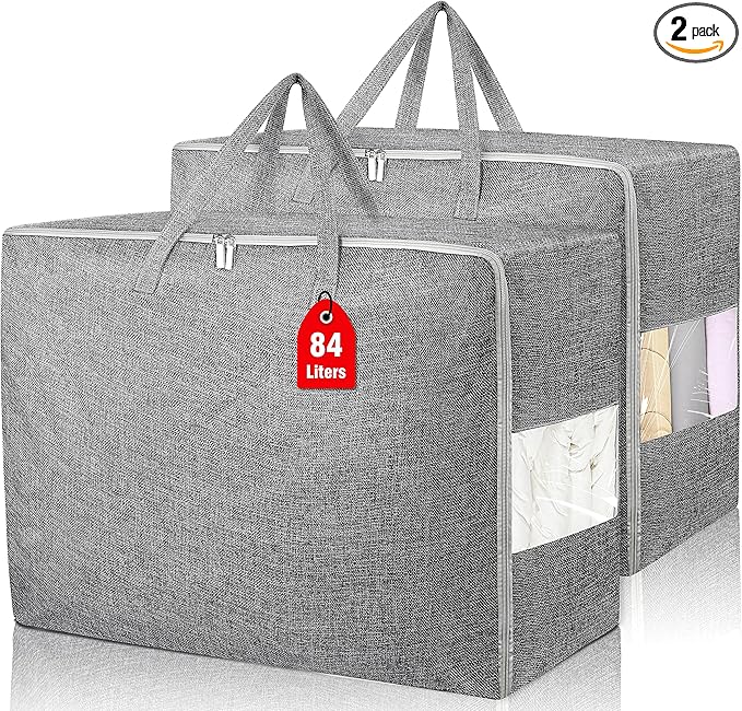 2Pack 84L Large Storage Bags, Folding Moving Comforter Blanket Storage Bags Closet Organizers and Storage Containers with Strong Handles&Zippers Clear Window for Clothes Bedding Pillow, Grey