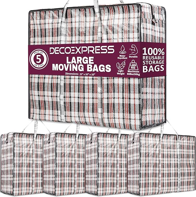 Deco Express Moving Bags with Zipper, Handles, Pack of 5 Large 75L/20 gal Foldable Heavy Duty Home Storage, Clothes Storage, Moving Supplies (Pack of 5)