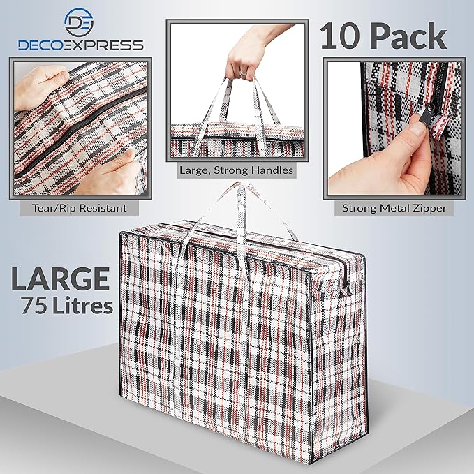 Deco Express Moving Bags with Zipper, Handles, Pack of 10 Large 75L/20 gal Foldable Heavy Duty Home Storage, Clothes Storage, Moving Supplies (Pack of 10)