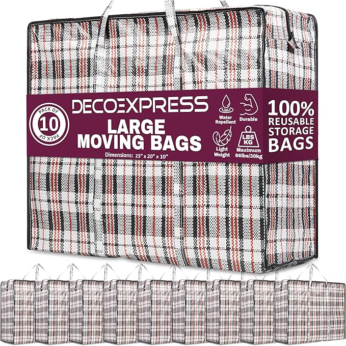 Deco Express Moving Bags with Zipper, Handles, Pack of 10 Large 75L/20 gal Foldable Heavy Duty Home Storage, Clothes Storage, Moving Supplies (Pack of 10)