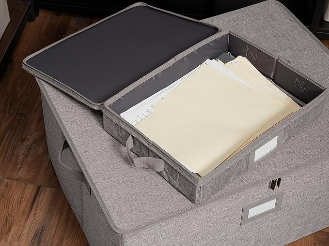 Covermates Keepsakes Zip-Top Storage Box Set, 3 Pack Heavy Duty Polyester Organizer Bins, Stackable Design, ID Window, Reinforced Handles, Closet Home Storage, Grey Heather