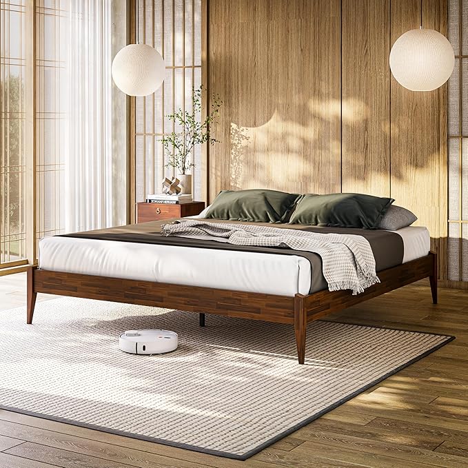 Bme Dinkee King Size Bed Frame, 15 Inch High Platform, Modern Minimalist Style, Durable Wood Slat, Easy Assembly, No Box Spring Required, Chocolate Finish