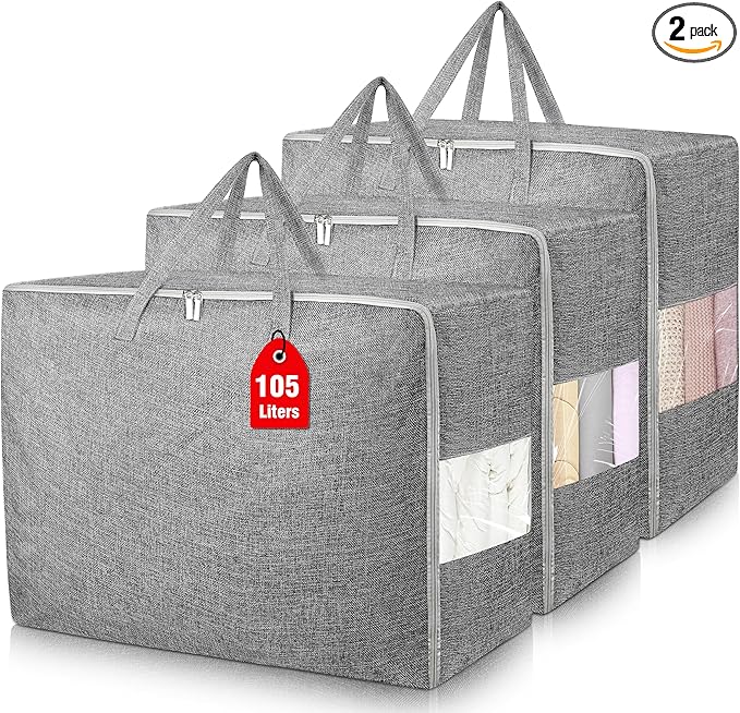 Extra Large Storage Bags, Folding Moving Comforter Blanket Storage Bags Closet Organizers and Storage Containers for Clothes with Clear Window for Bedding Pillow (Grey, 3 x 105L)