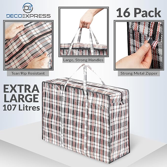 16 Pack Heavy Duty Moving Bags with Strong Zipper & Carrying Handles, 107L/ 28 gal Large Durable Clothes Storage Totes, 88 lbs Packing Moving Boxes, Closet Organizers and Storage (29.9x23.2x29.4 IN)