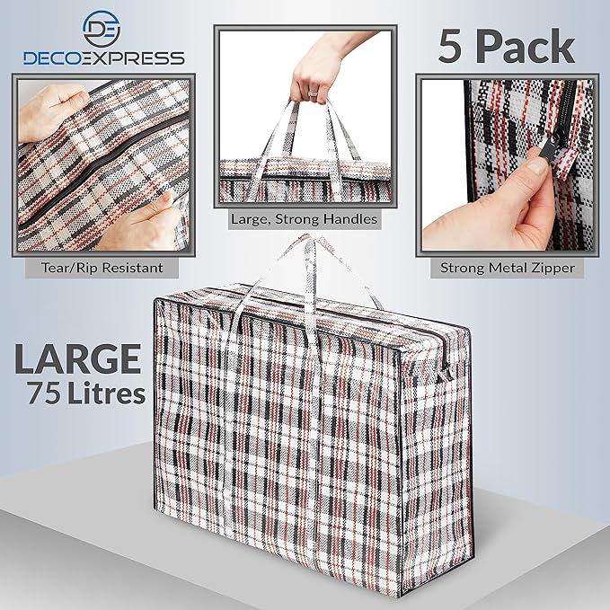 Deco Express Moving Bags with Zipper, Handles, Pack of 5 Large 75L/20 gal Foldable Heavy Duty Home Storage, Clothes Storage, Moving Supplies (Pack of 5)